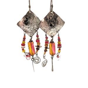 925 Sterling Silver Embossed Artisan Created Glass Bead Dangle Earrings